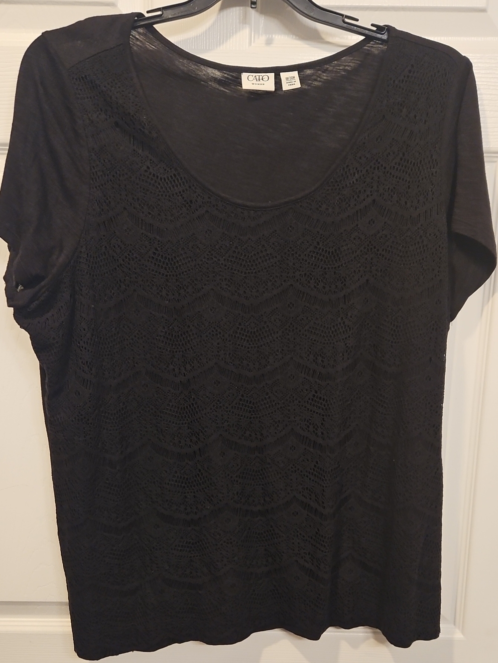 Cato Black Short Sleeve Crochet Front Tee